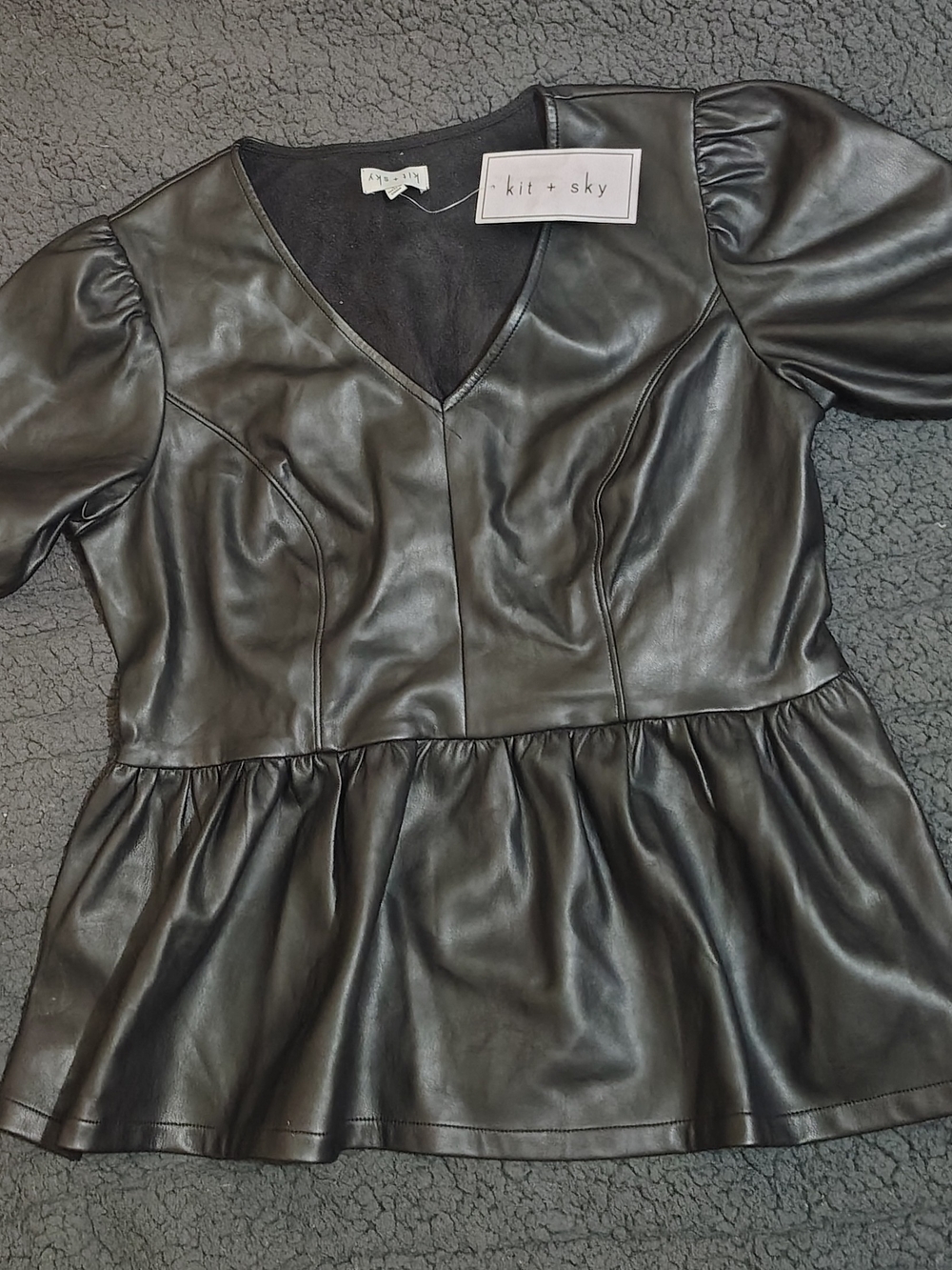 Kit + Sky Black Faux Leather Peplum Blouse